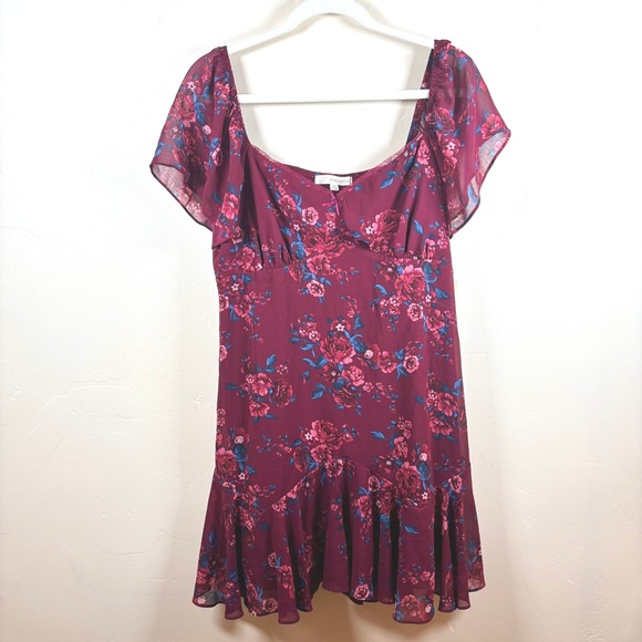 Rewind Floral Ruffle Hem Mini Dress Women's XL Burgundy Pink Blue Dark Cottage - Picture 1 of 11